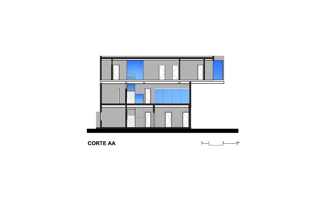 corte transversal mostrando os tres niveis da casa