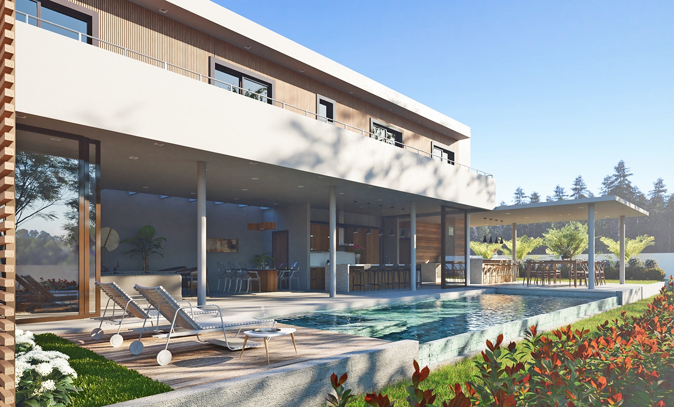 vista da área de piscina e fachada lateral de casa com arquitetura contemporânea em Jundiaí