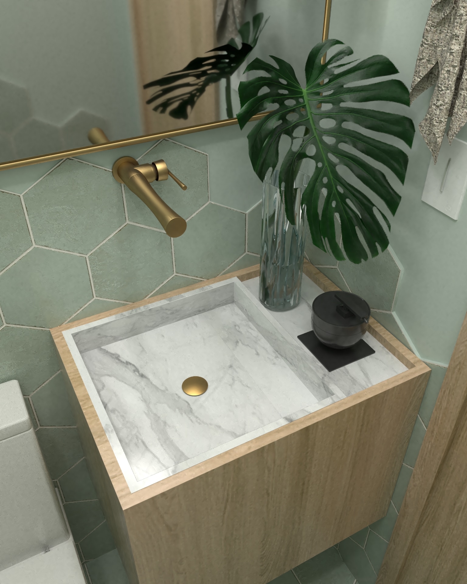 detalhe da bancada do lavabo em mármore e madeira e torneira dourada de parede