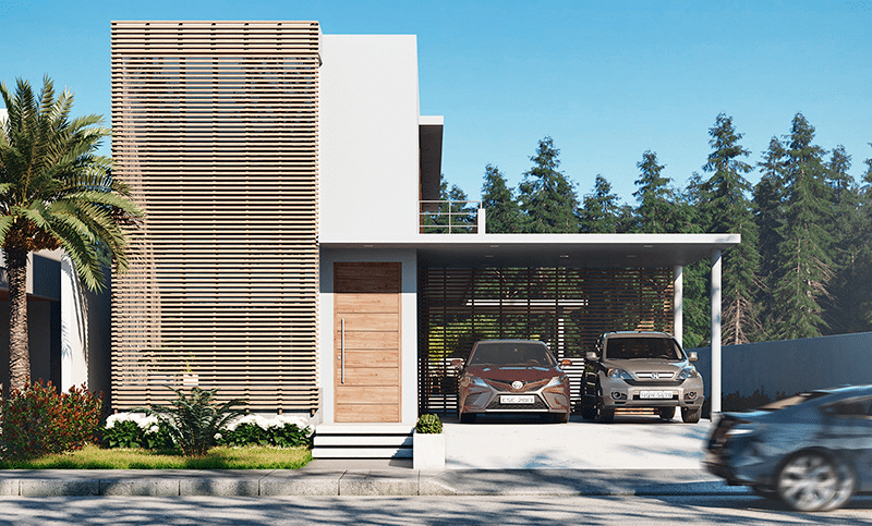 fachada casa contemporânea com painel ripado de madeira