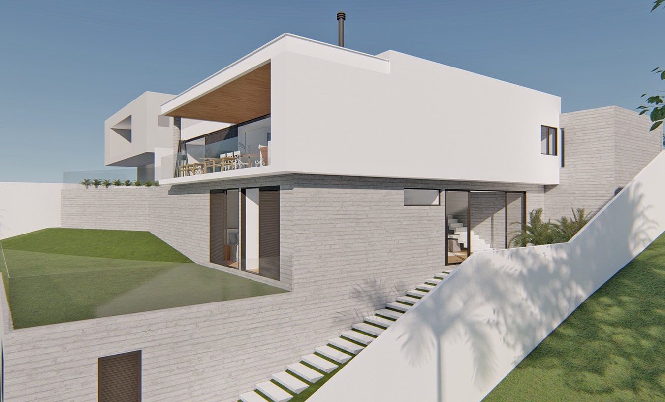 vista lateral de casa contemporânea em concreto aparente, massa branca, estrutura metálica e forro de madeira casa em jundiaí