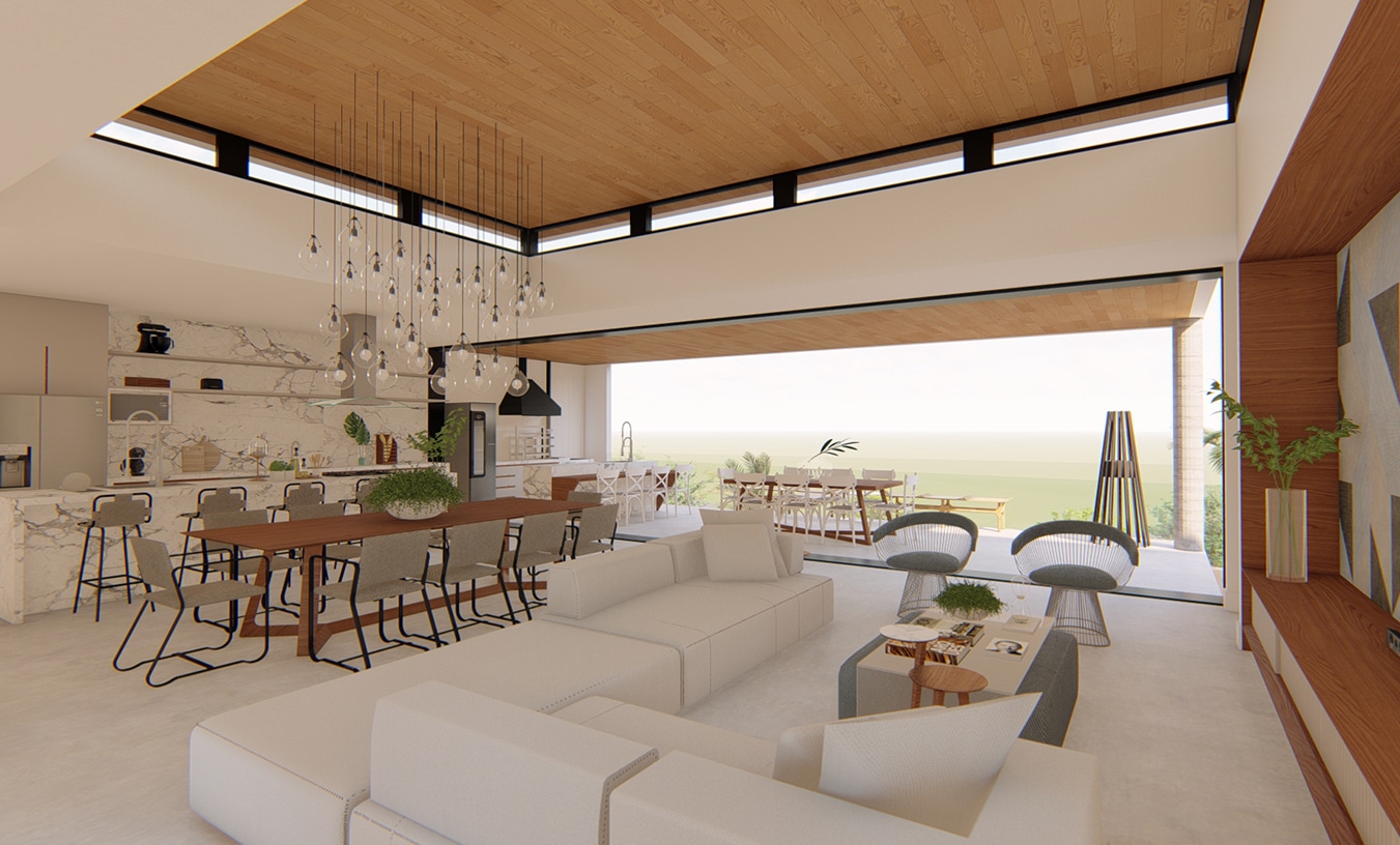 vista da sala de estar, sala de jantar e cozinha em ambientes integrados, com pé direito alto e forro de madeira