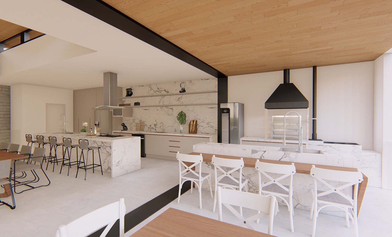 vista da área gourmet integrada à cozinha, forro em madeira, piso claro e bancada em mármore