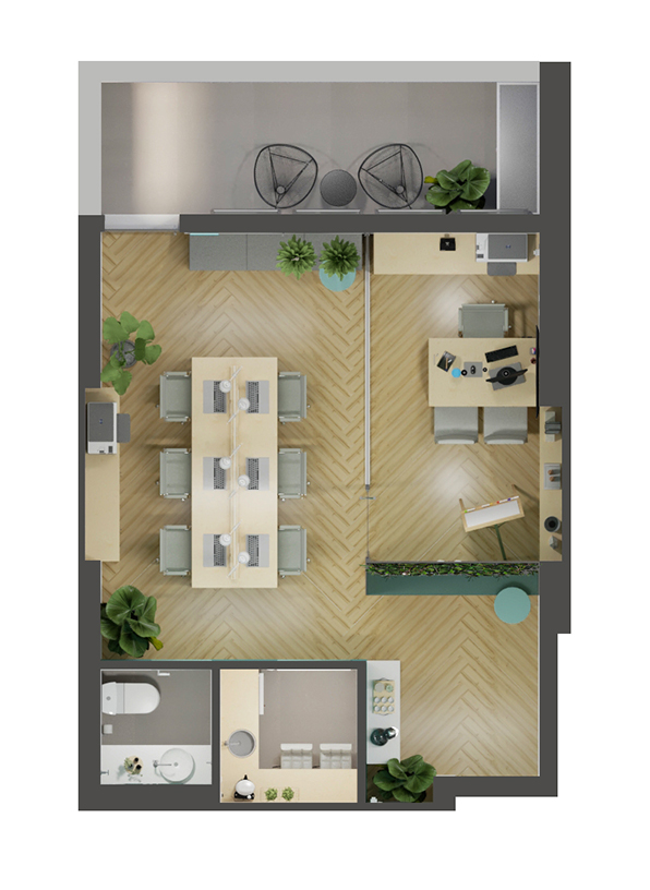 planta baixa humanizada de projeto de escritório pequeno de 40m² com recepção copa lavabo sala de trabalho e sala de reunião e varanda