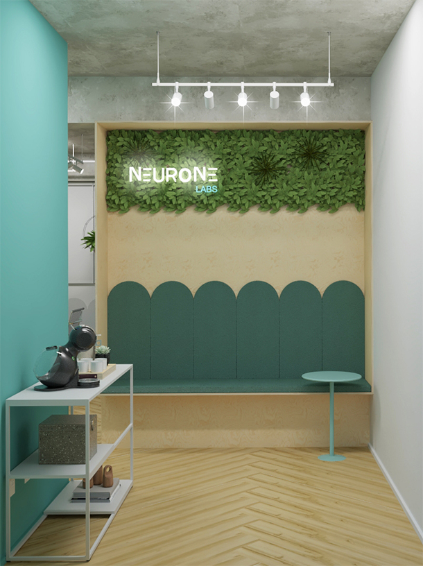 recepção escritório projeto corporativo piso de madeira com bancos de linho verde e jardim vertical