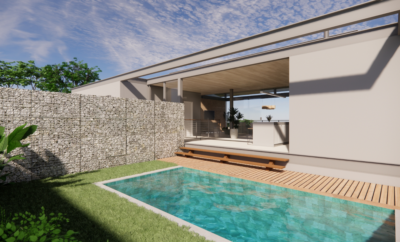 vista da piscina casa em estrutura suspensa metalica com muro de gabião e telhado de madeira tons cinza