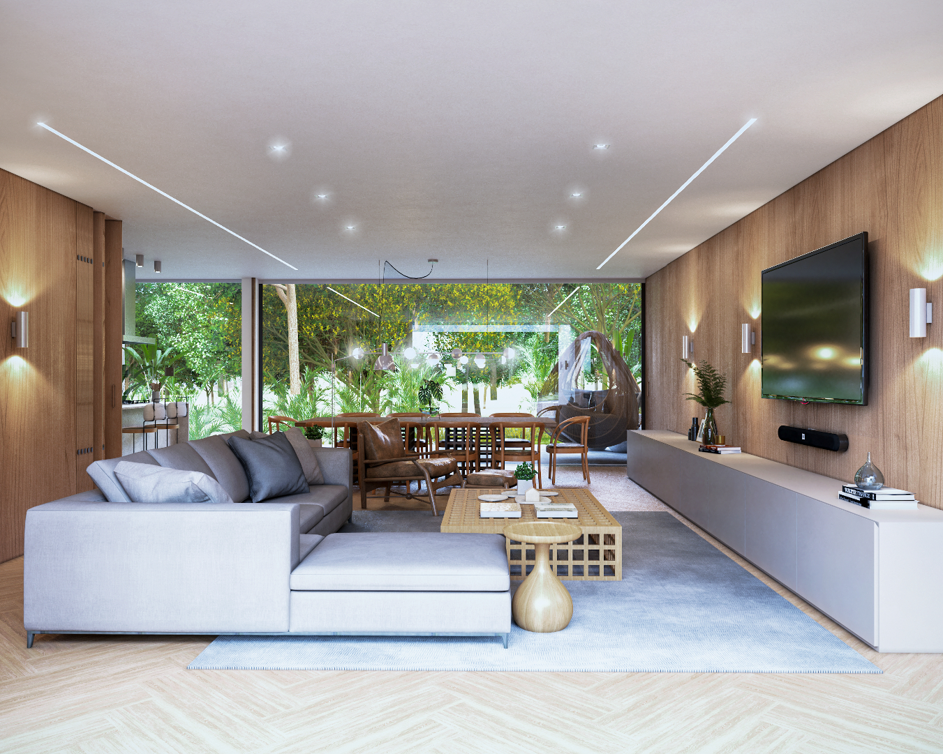 vista da sala de estar de casa com arquitetura contemporânea em Brasília, piso e painel de madeira