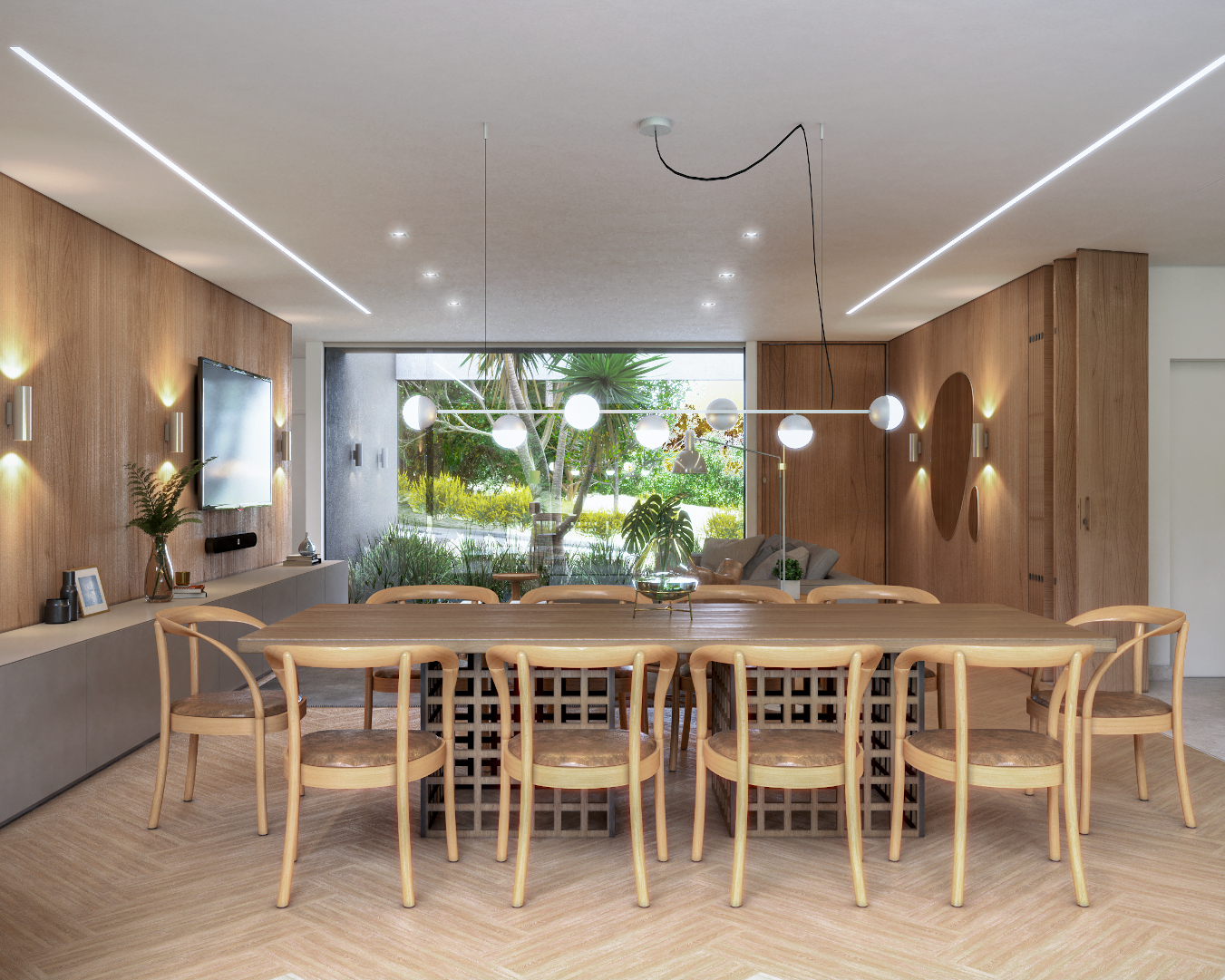 vista da sala de jantar com mesa, piso e painéis em madeira, casa com arquitetura contemporânea em Brasília