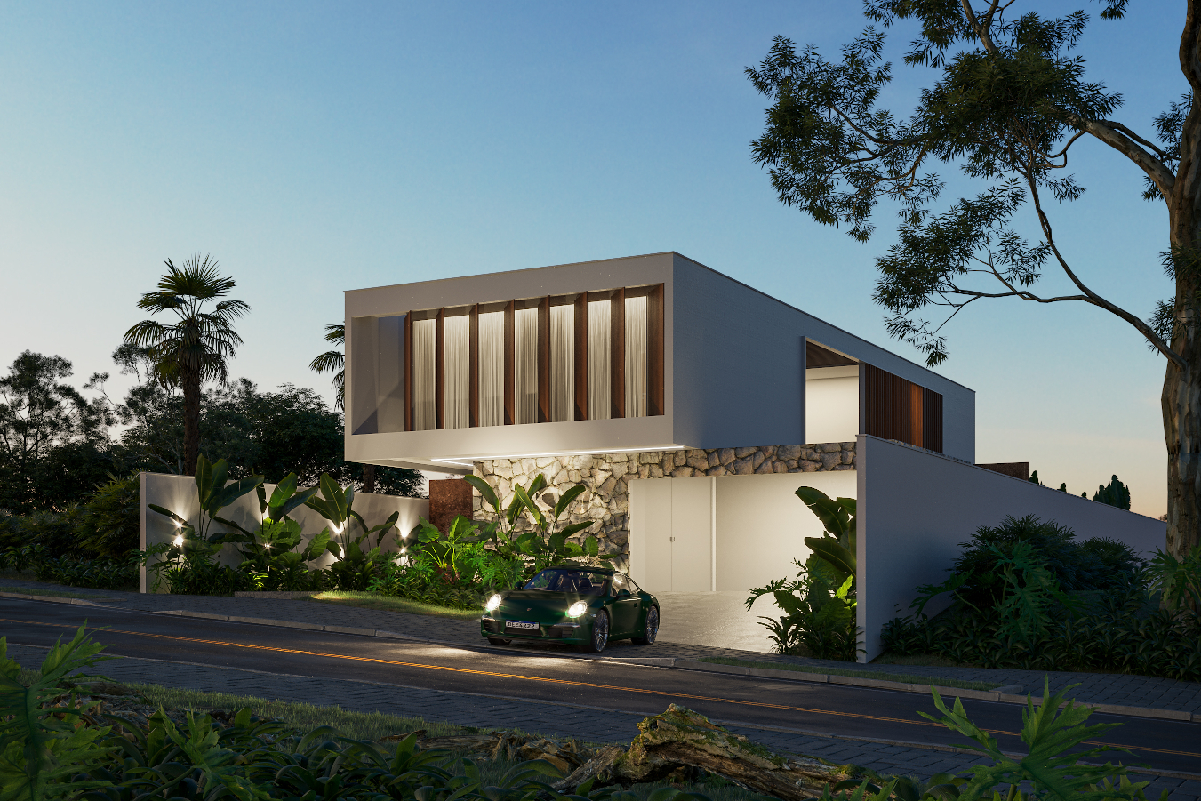 imagem noturna casa contemporanea fachadapedra natural, aço cortein madeira paisagismo tropical marajoara jundiaí