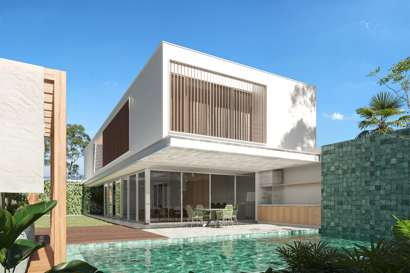 piscina vista dos fundos casa contemporanea fachadapedra natural, aço cortein madeira paisagismo tropical marajoara jundiaí