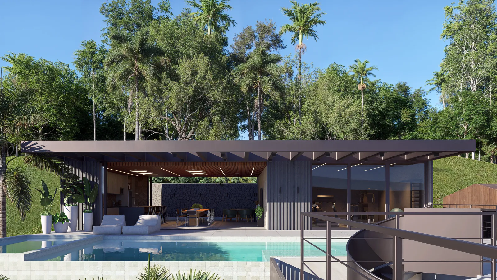 Casa moderna com varanda integrada à área externa, piscina e paisagismo tropical