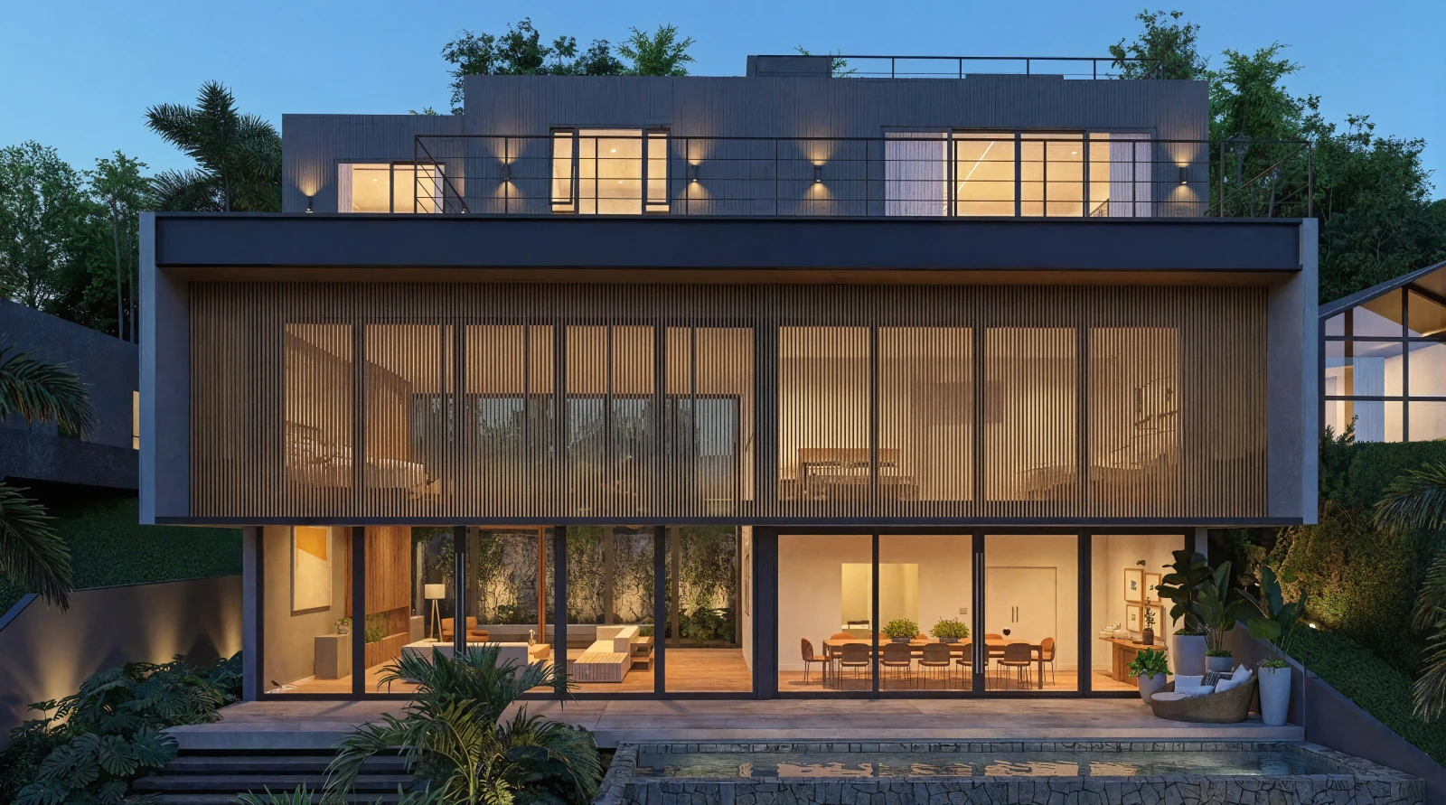 Fachada de casa moderna com brise vertical em madeira e volumetria contemporânea