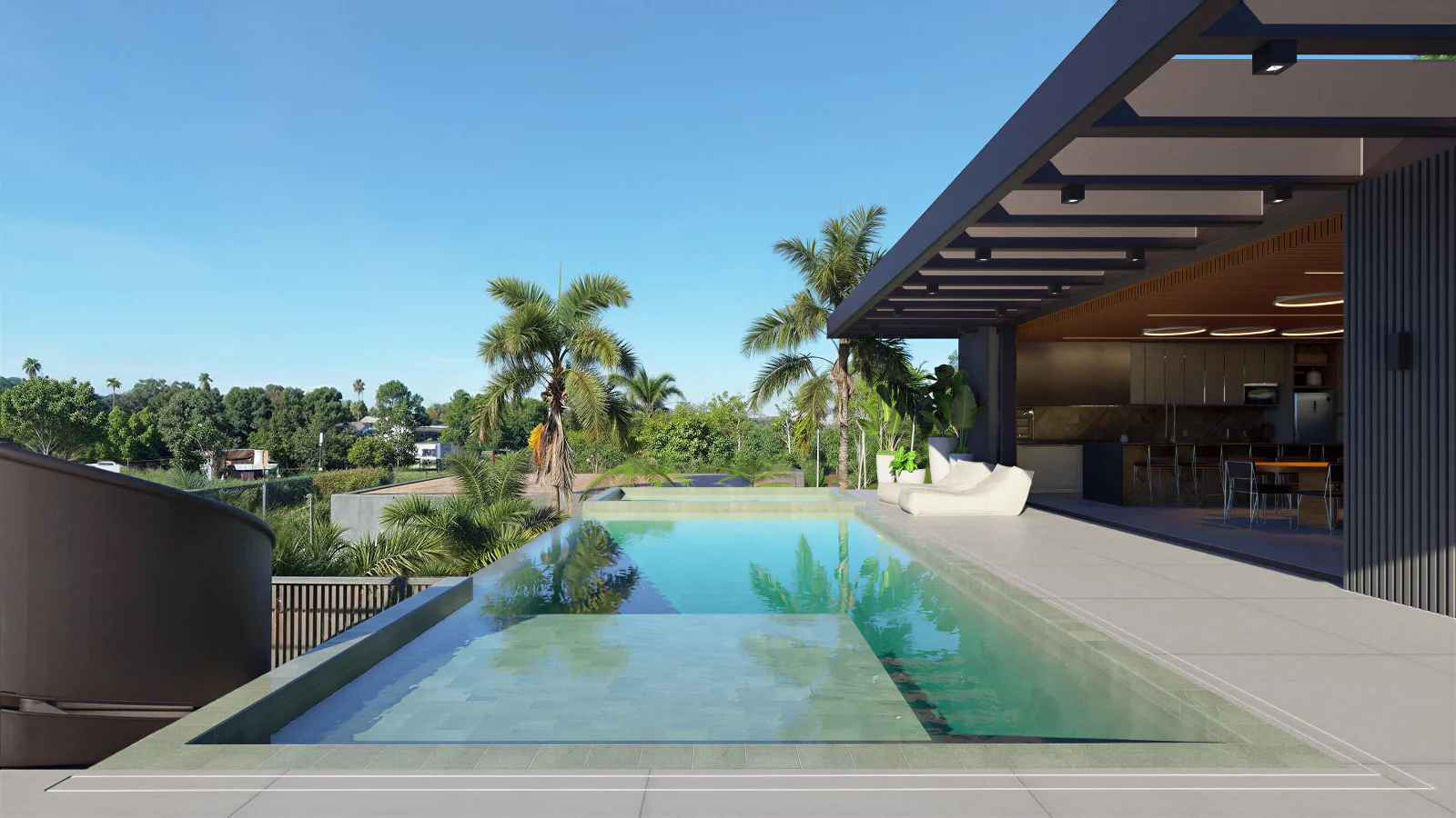 Piscina linear com borda infinita integrada à varanda e vista para paisagem natural