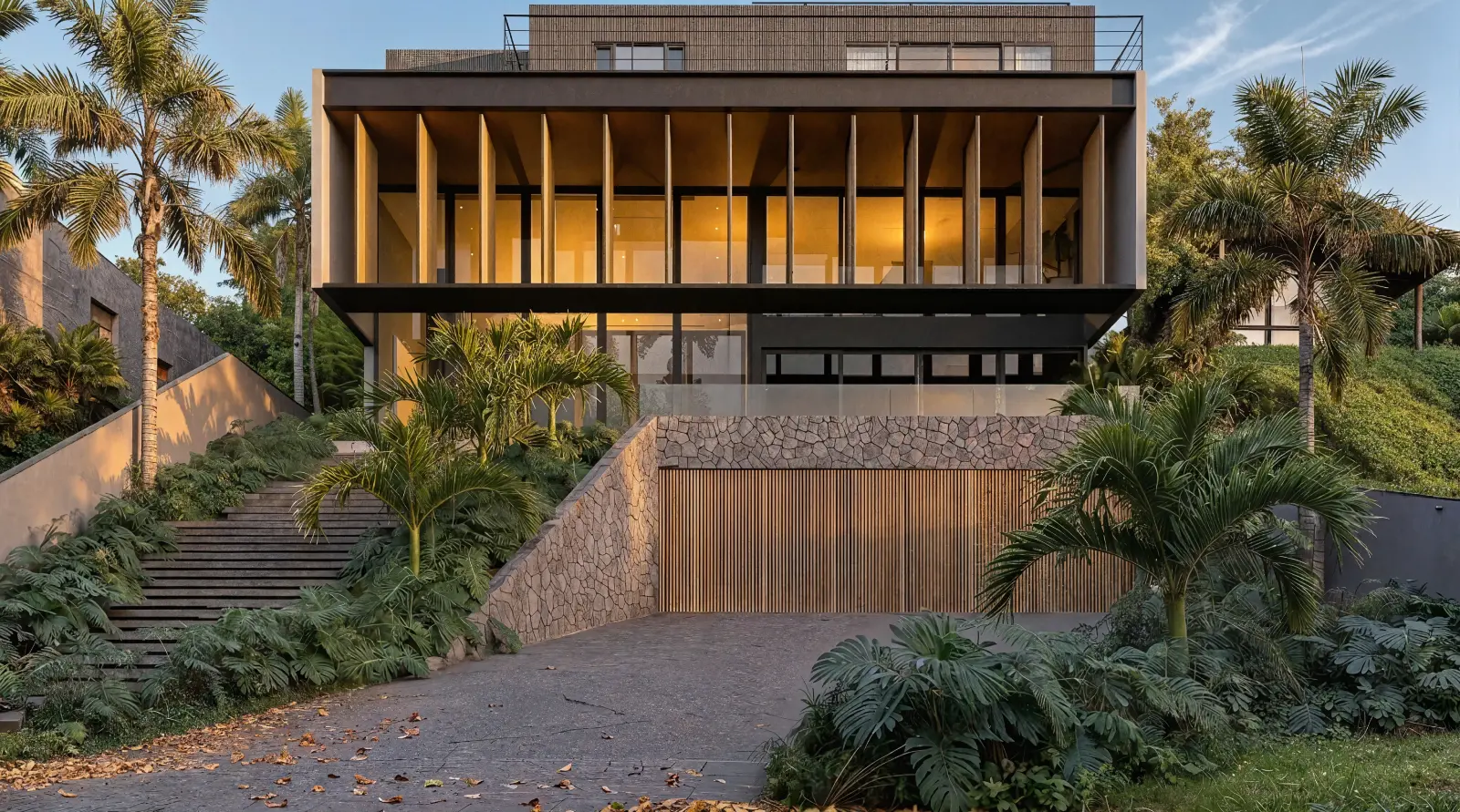 Casa moderna iluminada ao entardecer com brises verticais e paisagismo tropical