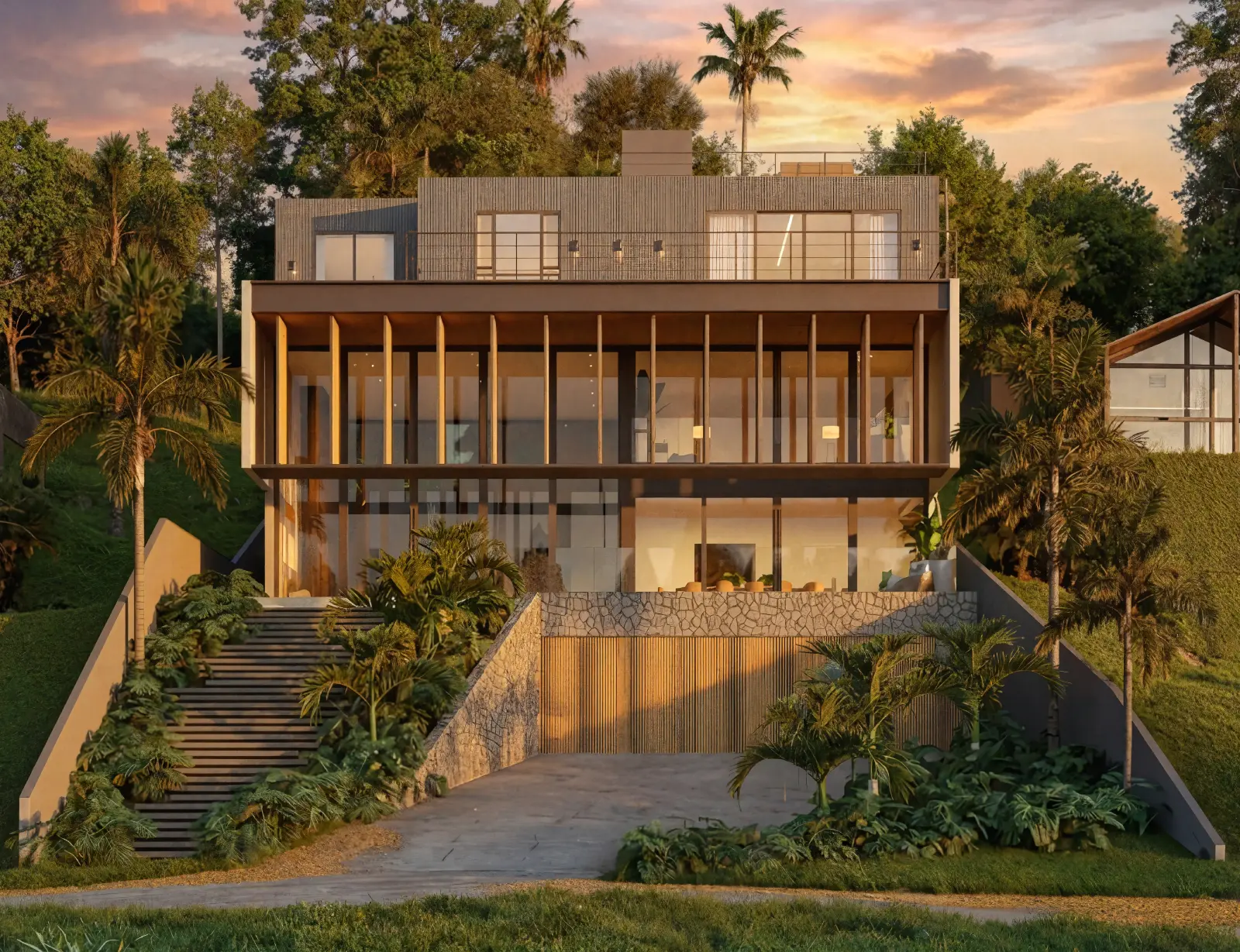 Casa moderna em meio à vegetação com iluminação natural do pôr do sol