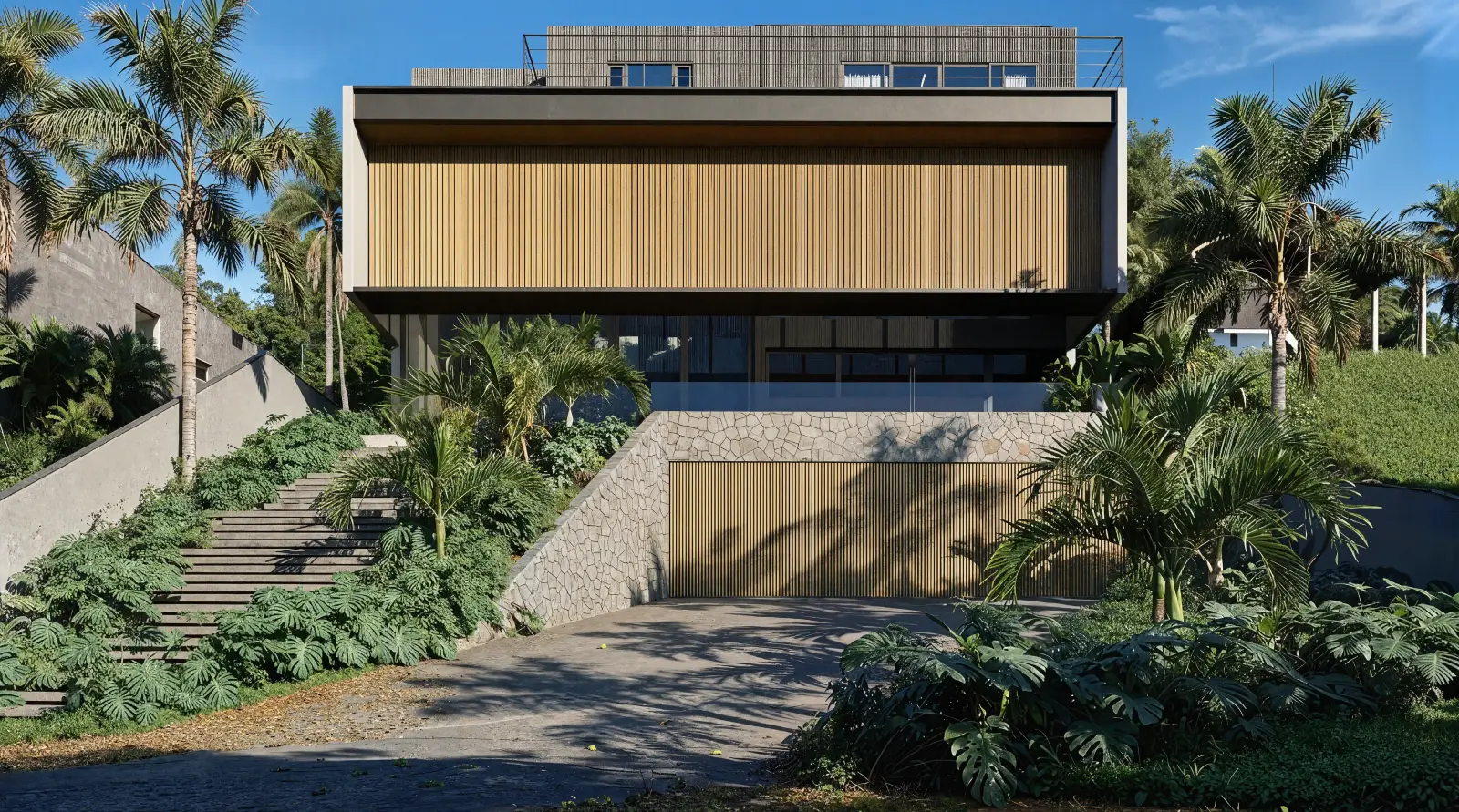 Fachada de residência contemporânea com volumes horizontais e vegetação tropical