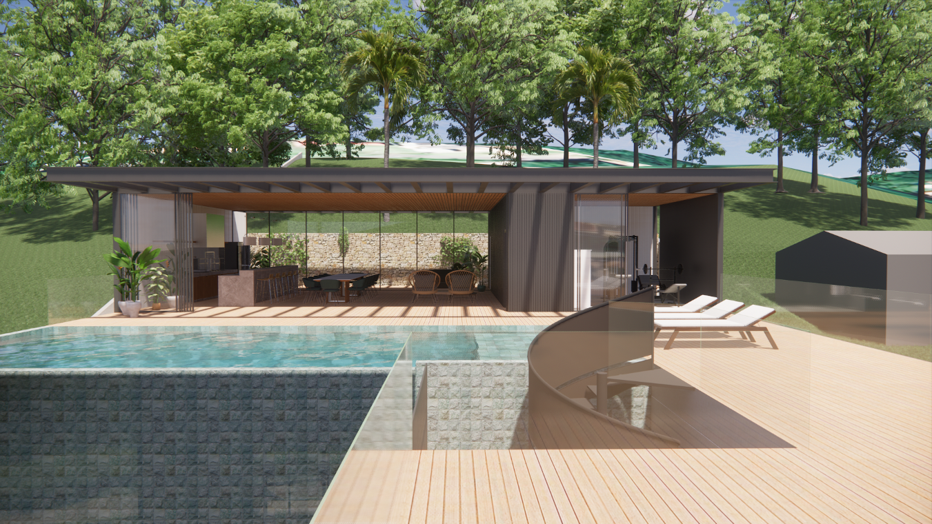 vista da piscina na cobertura, com deck de madeira na cobertura