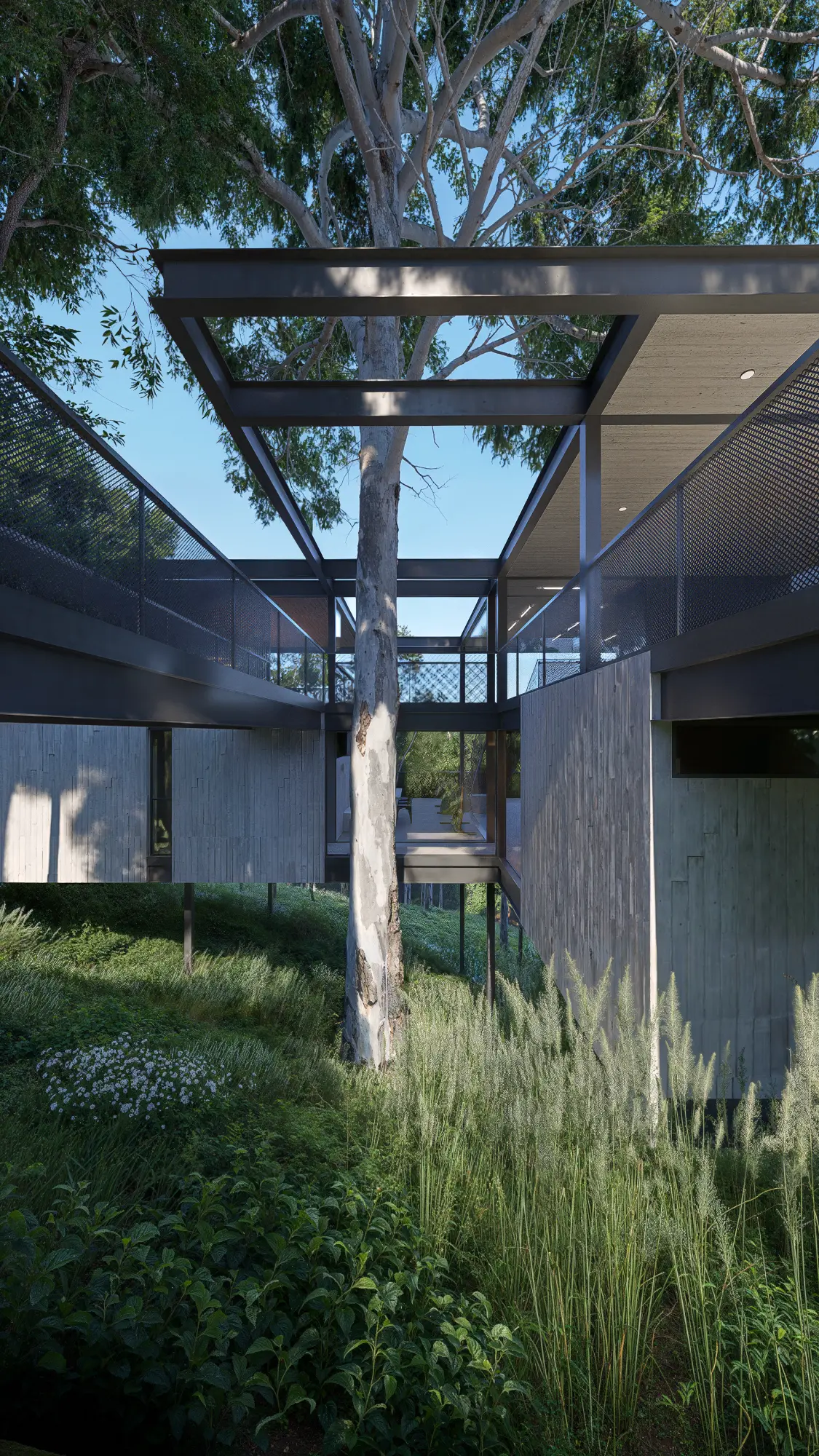 Integração com a vegetação Casa suspensa integrada à vegetação com árvores atravessando o volume