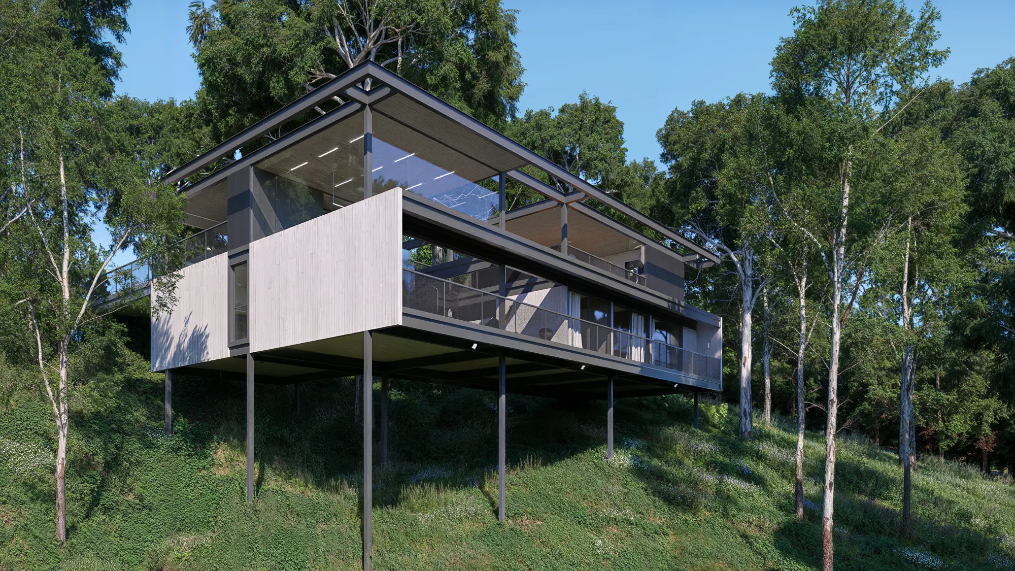 Fachada em metal e concreto Fachada de casa suspensa com estrutura metálica e concreto aparente