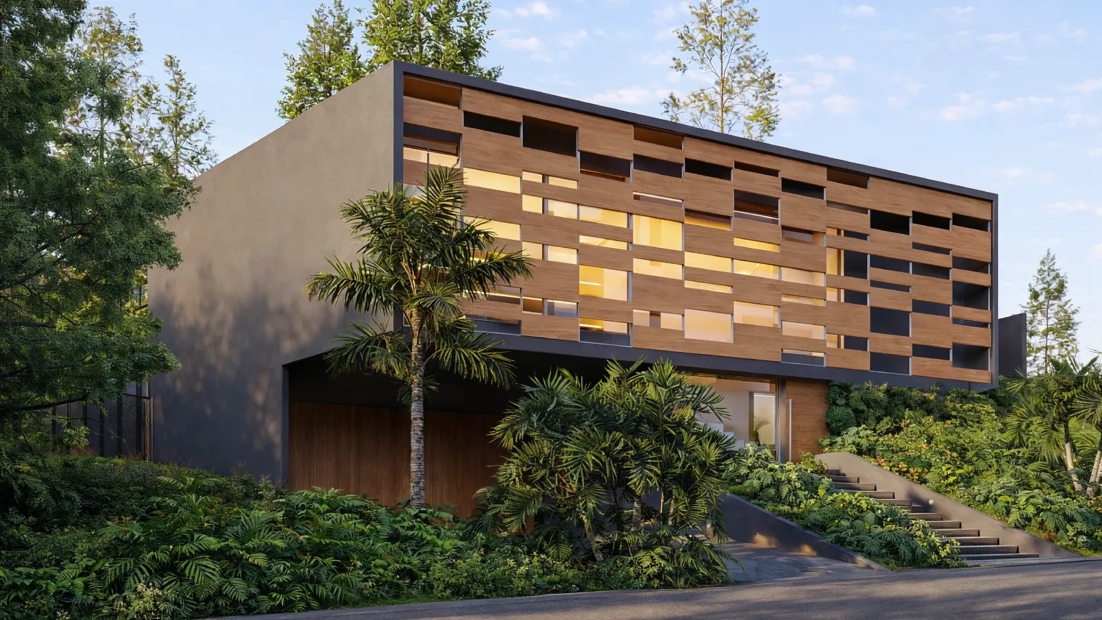 Fachada de casa moderna com volume superior em madeira e base em concreto