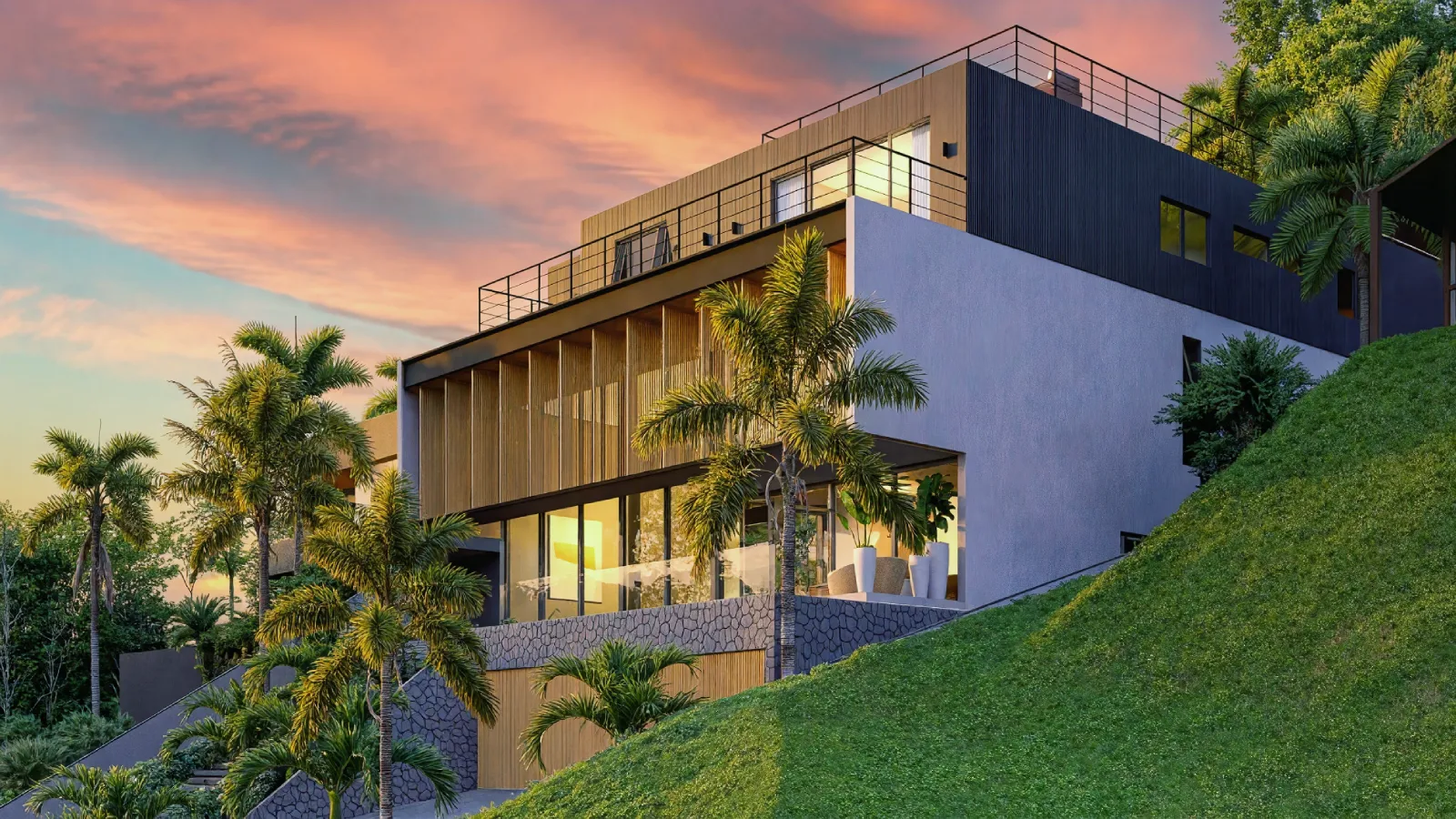 Casa moderna em terreno inclinado com brise em madeira, volumes sobrepostos e paisagismo tropical ao pôr do sol