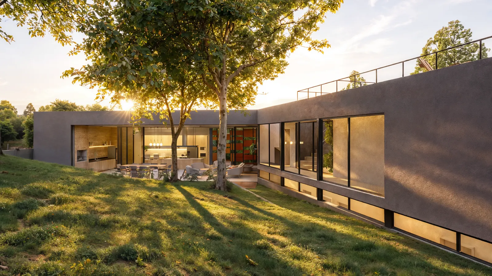 Casa moderna iluminada ao entardecer integrada ao jardim