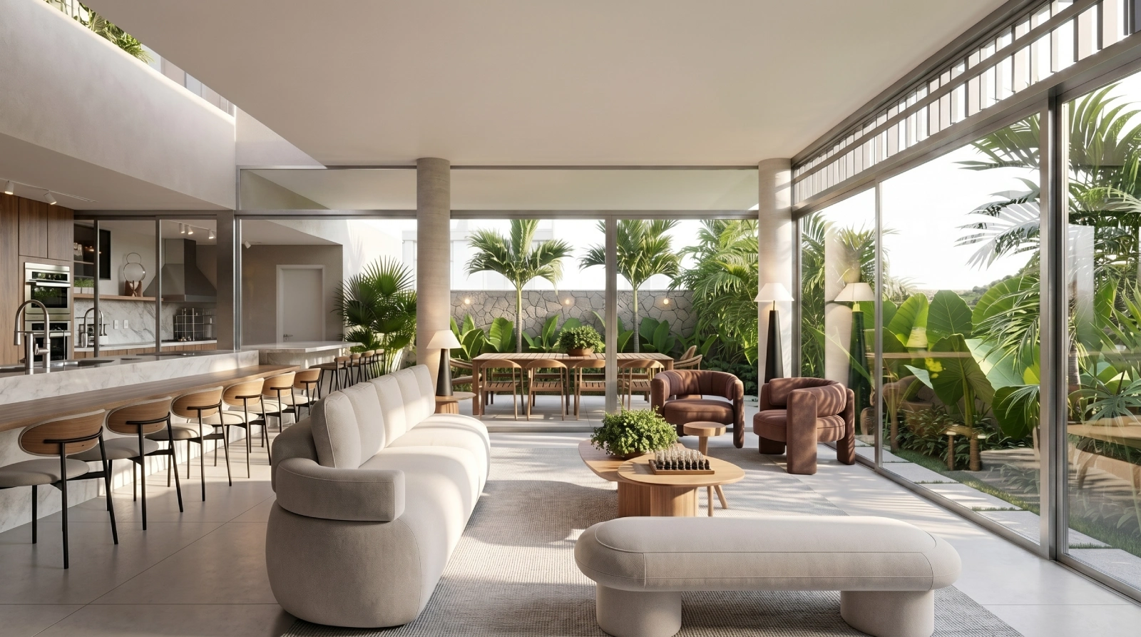 Living integrado à cozinha gourmet da Casa Lerach com decoração contemporânea e iluminação natural.