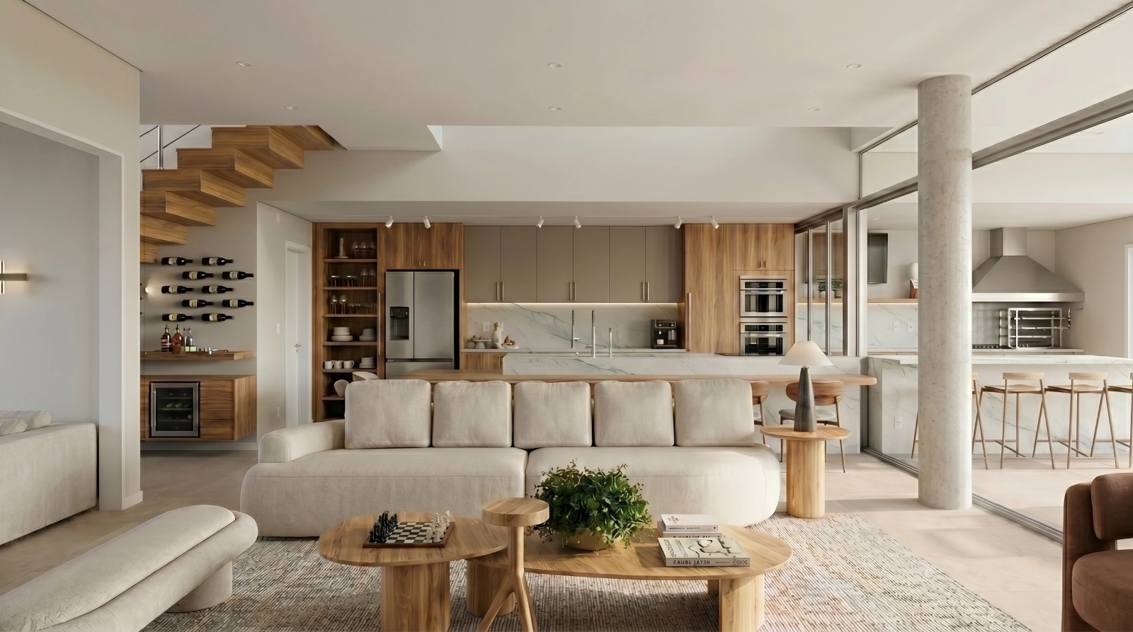 Living contemporâneo com mobiliário orgânico, madeira natural e cozinha integrada