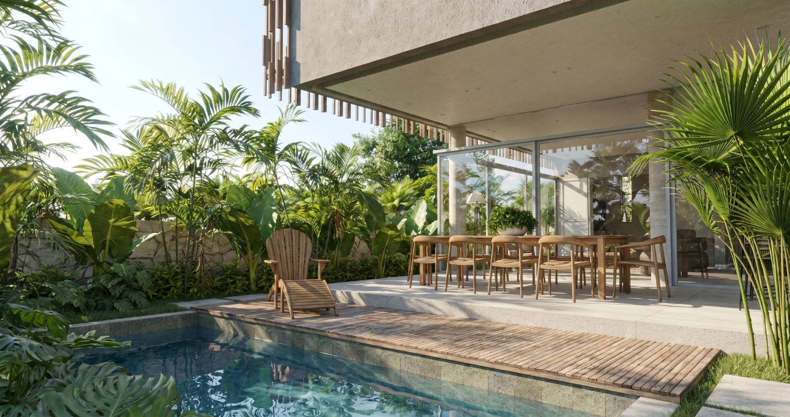 Área externa da Casa Lerach com piscina, deck em madeira e varanda integrada ao jardim tropical.