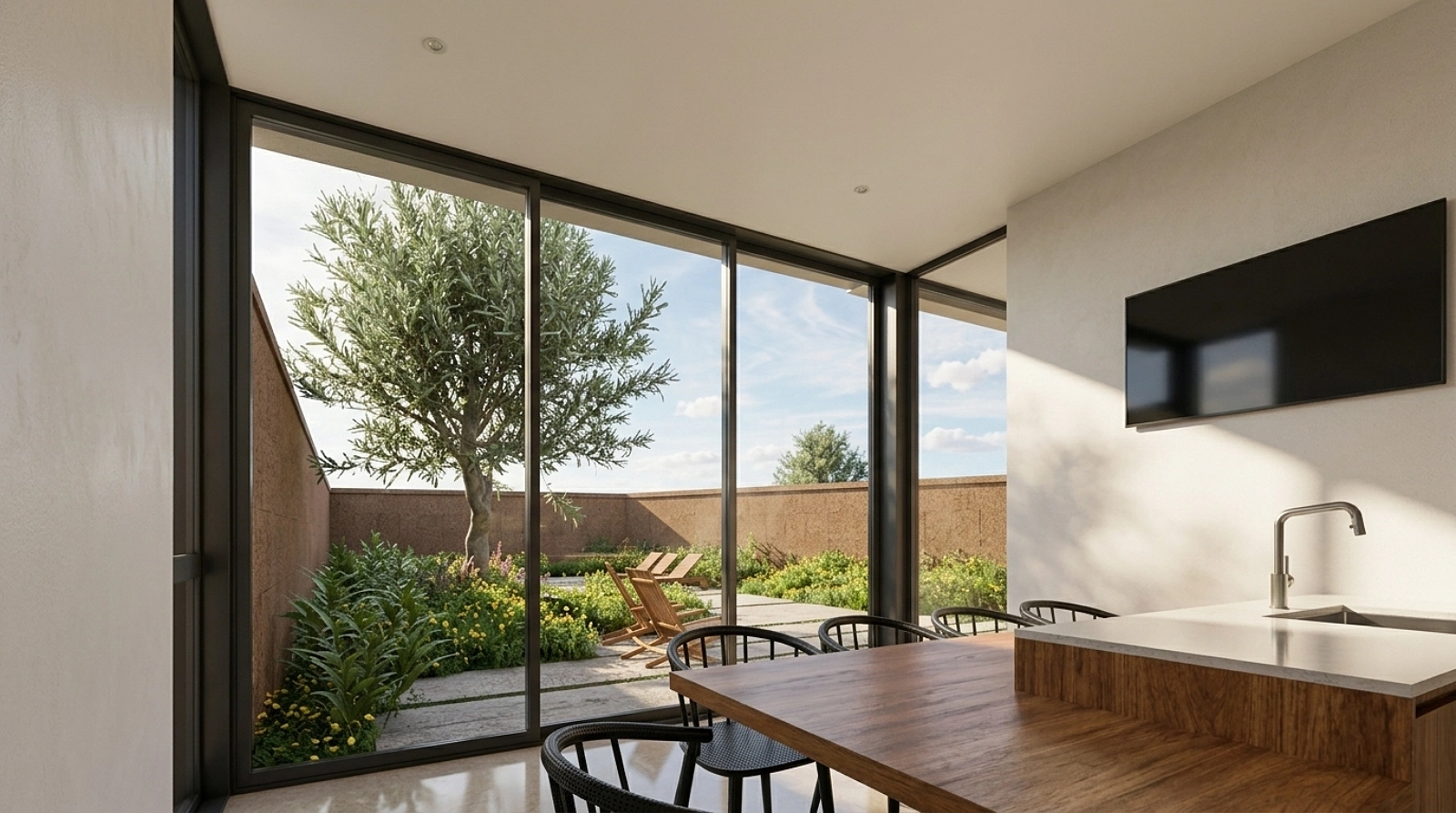 Vista da cozinha contemporânea para jardim interno com oliveira e vegetação mediterrânica.