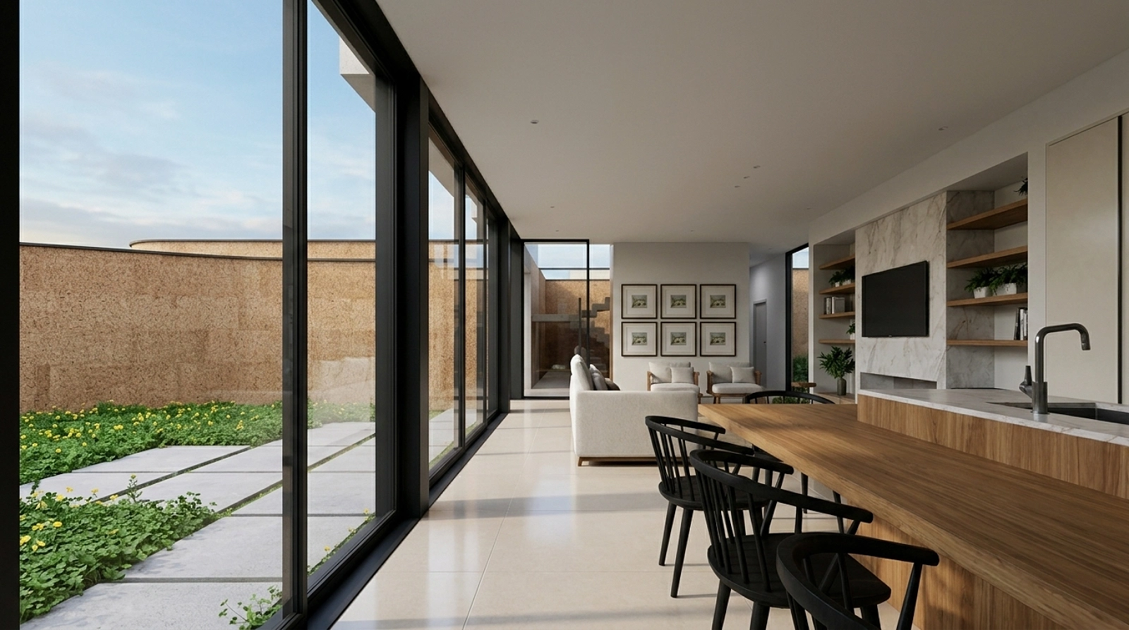 Sala de estar contemporânea integrada à cozinha e aberta para jardim privativo através de amplos panos de vidro.