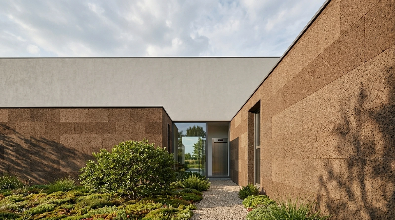 Pátio interno ajardinado cercado por paredes revestidas em cortiça natural e arquitetura minimalista.
