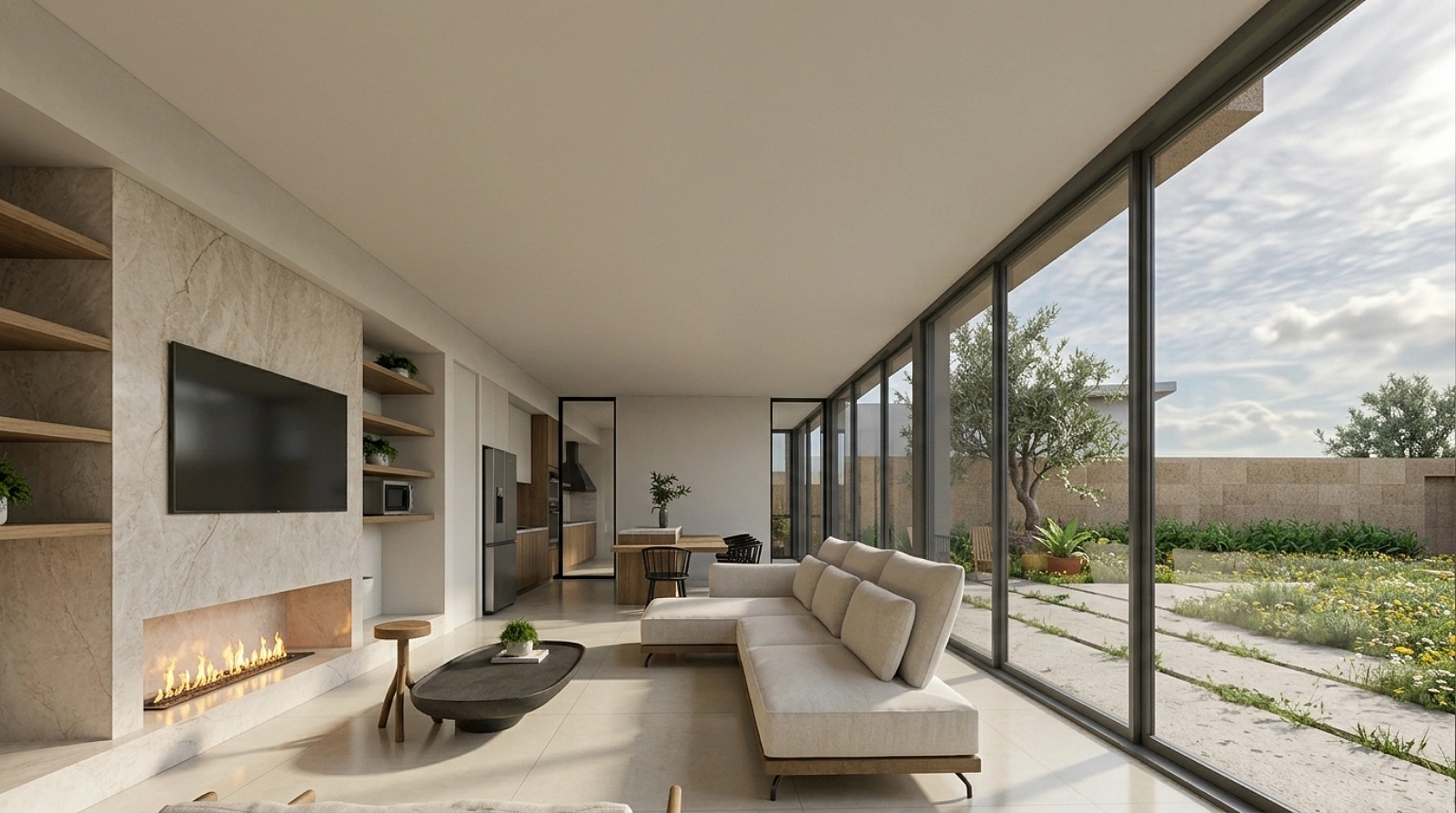 Sala de estar contemporânea integrada à cozinha e aberta para jardim privativo através de amplos panos de vidro.